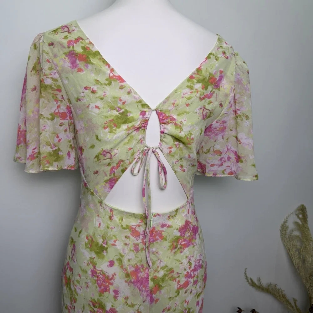 ASTR Tie Back Flutter Sleeve Open Back Cut Out Maxi Dress in Lime Pink Floral L - Picture 6 of 9